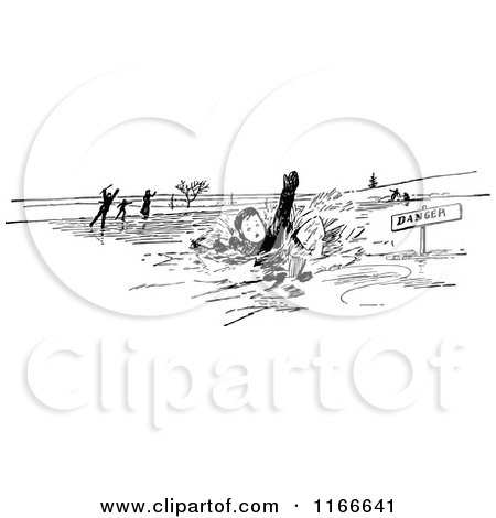 Clipart of a Retro Vintage Black and White Boy Falling Through Ice - Royalty Free Vector Illustration by Prawny Vintage