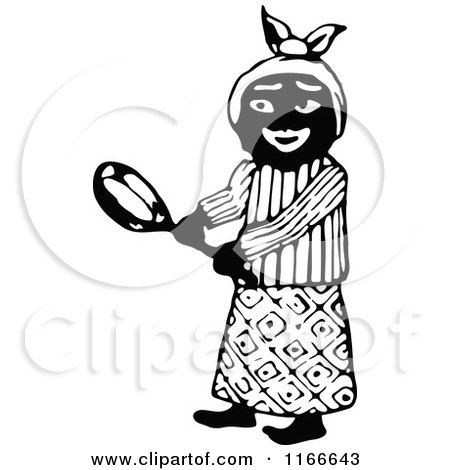 Clipart of a Retro Vintage Black and White African Woman Holding a Pan - Royalty Free Vector Illustration by Prawny Vintage