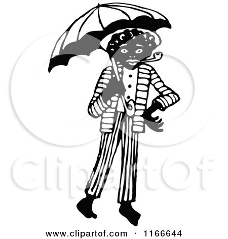 Clipart of a Retro Vintage Black and White African Man with a Pipe and Umbrella - Royalty Free Vector Illustration by Prawny Vintage