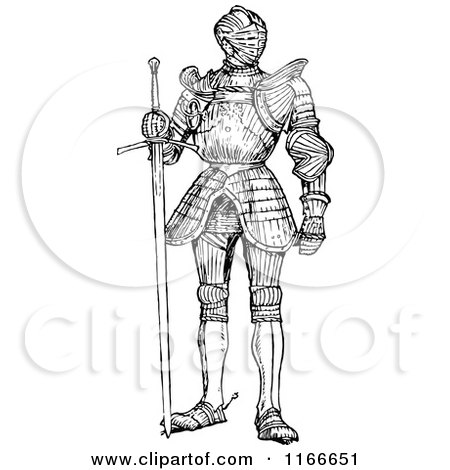Clipart of a Retro Vintage Black and White Suit of Armour - Royalty Free Vector Illustration by Prawny Vintage
