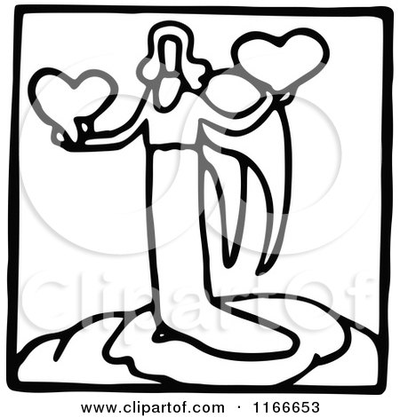Clipart of a Retro Vintage Black and White Angel and Hearts Icon - Royalty Free Vector Illustration by Prawny Vintage
