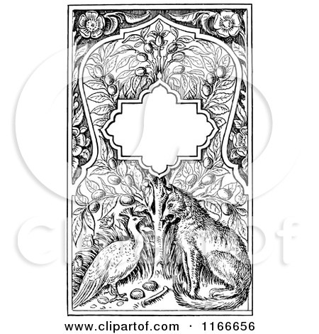 Clipart of a Retro Vintage Black and White Bird and Fox Fruit Tree Frame - Royalty Free Vector Illustration by Prawny Vintage