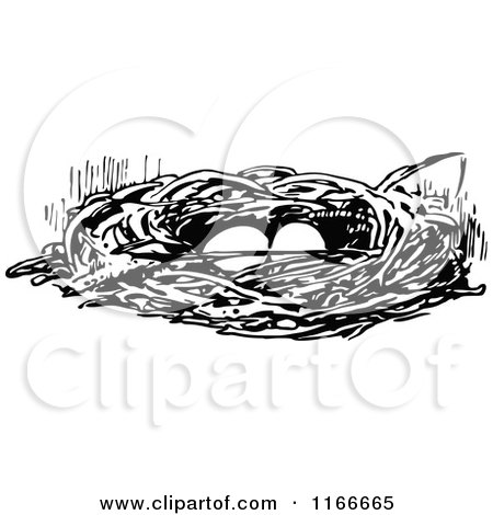 Clipart of a Retro Vintage Black and White Bird Nest with Eggs - Royalty Free Vector Illustration by Prawny Vintage