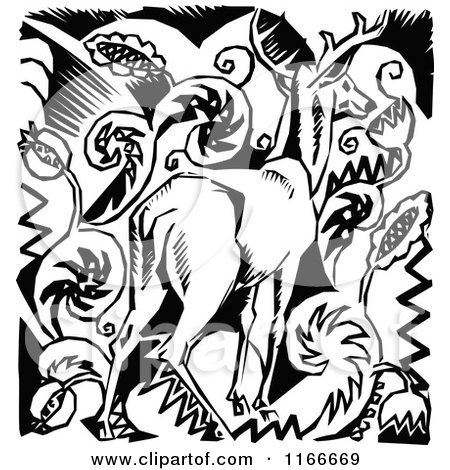 Clipart of a Retro Vintage Black and White Deer and Floral Design - Royalty Free Vector Illustration by Prawny Vintage