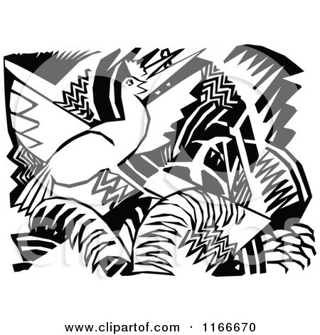 Clipart of a Retro Vintage Black and White Bird and Floral Design 4 - Royalty Free Vector Illustration by Prawny Vintage