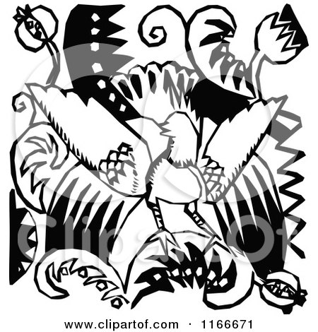 Clipart of a Retro Vintage Black and White Bird and Floral Design 5 - Royalty Free Vector Illustration by Prawny Vintage