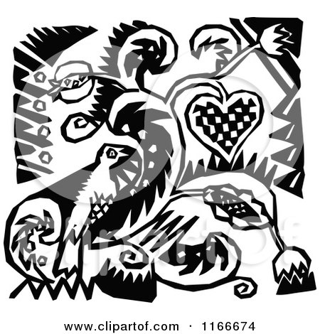 Clipart of a Retro Vintage Black and White Bird and Floral Design 2 - Royalty Free Vector Illustration by Prawny Vintage