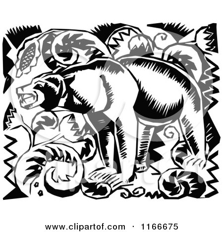 Clipart of a Retro Vintage Black and White Bear and Floral Design - Royalty Free Vector Illustration by Prawny Vintage