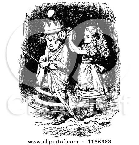 Clipart of Retro Vintage Black and White Alice and Queen - Royalty Free Vector Illustration by Prawny Vintage