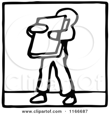 Clipart of a Retro Vintage Black and White Boy Carrying a Book - Royalty Free Vector Illustration by Prawny Vintage