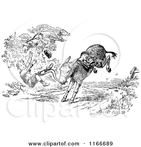 Clipart of a Retro Vintage Black and White Boy Being Bucked from a Donkey - Royalty Free Vector Illustration by Prawny Vintage