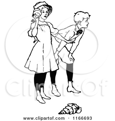 Clipart of a Retro Vintage Black and White Boy and Girl Listening to Sea Shells - Royalty Free Vector Illustration by Prawny Vintage