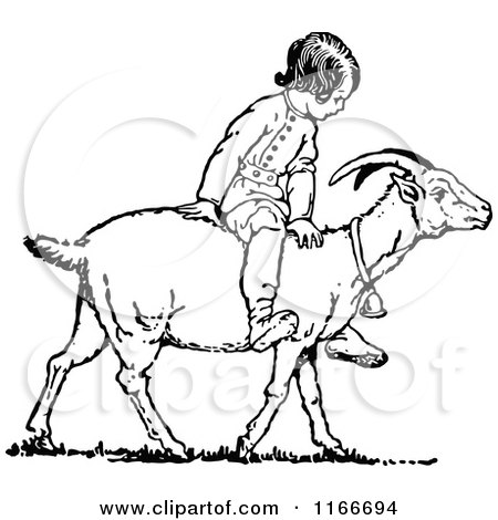 Clipart of a Retro Vintage Black and White Boy Riding a Goat - Royalty Free Vector Illustration by Prawny Vintage