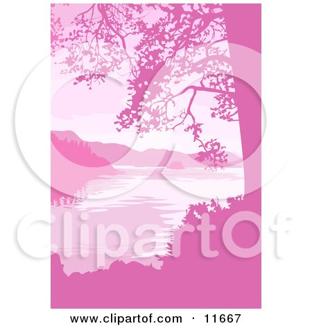 Lake, Mountains and Trees in Pink Tones Clipart Illustration by AtStockIllustration