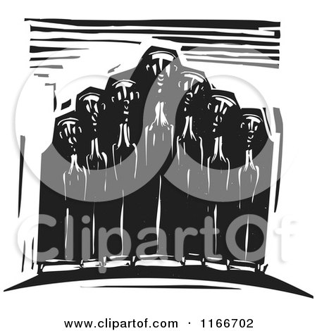 Clipart of People in a Choir Black and White Woodcut - Royalty Free Vector Illustration by xunantunich