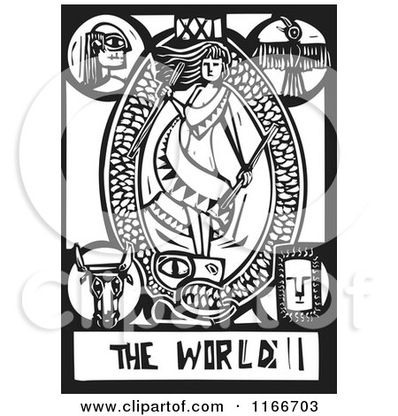 Clipart of the World Tarot Card Black and White Woodcut - Royalty Free Vector Illustration by xunantunich