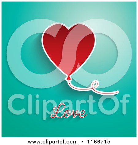 Clipart of a Red Valentines Day Heart Balloon with Love Text on Turquoise - Royalty Free Vector Illustration by KJ Pargeter