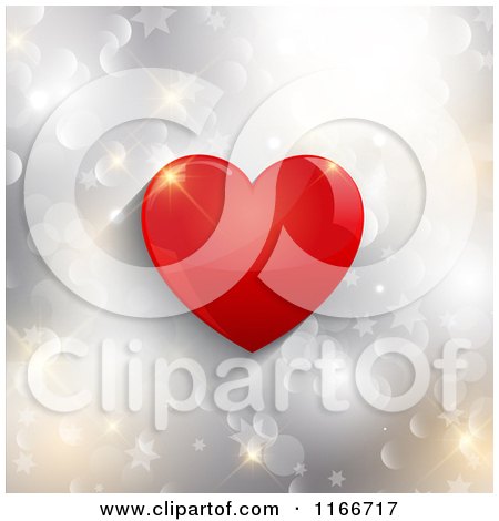 Clipart of a Shiny Red Valentine Heart over Silver Bokeh and Stars - Royalty Free Vector Illustration by KJ Pargeter