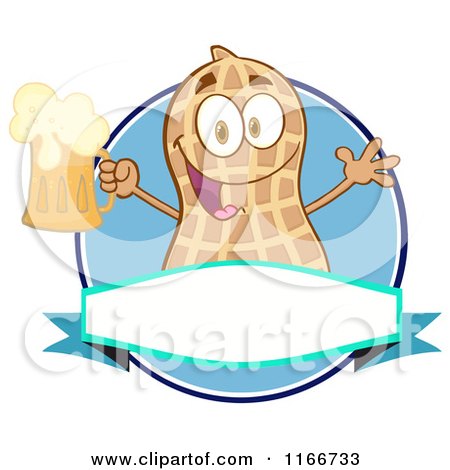 Cartoon of a Peanut Character with Beer over a Banner and Blue Circle - Royalty Free Vector Clipart by Hit Toon
