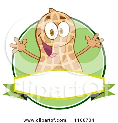 Cartoon of a Peanut Character over a Banner and Green Circle - Royalty Free Vector Clipart by Hit Toon
