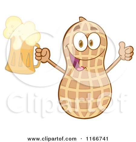 Cartoon of a Peanut Character Holding up Beer - Royalty Free Vector Clipart by Hit Toon