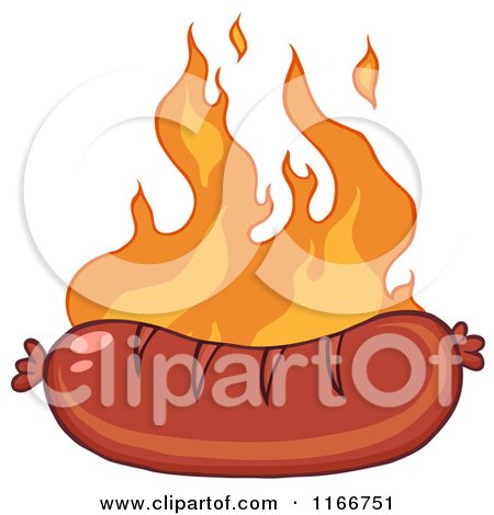Cartoon of a Grilled Sausage and Flames - Royalty Free Vector Clipart by Hit Toon