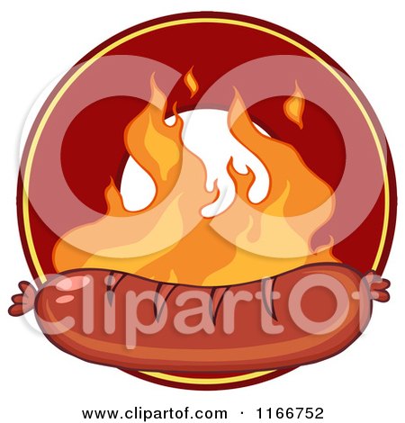 Cartoon of a Grilled Sausage and Flames over a Circle - Royalty Free Vector Clipart by Hit Toon