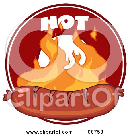 Cartoon of a Grilled Sausage and Flames and Hot Text over a Circle - Royalty Free Vector Clipart by Hit Toon