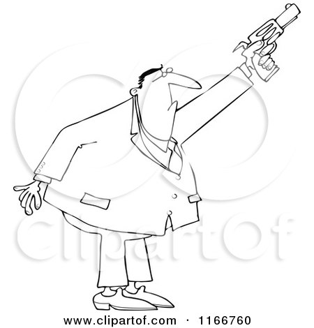 Cartoon of an Outlined Secret Agent Man Shooting His Firearm - Royalty Free Vector Clipart by djart