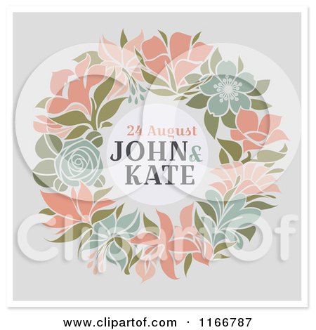 Clipart of a Floral Wreath Wedding Announcement with Sample Text on Gray and White - Royalty Free Vector Illustration by elena