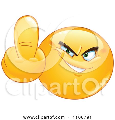 Cartoon of a Yellow Emoticon Smiley Holding up His Middle Finger - Royalty Free Vector Clipart by yayayoyo