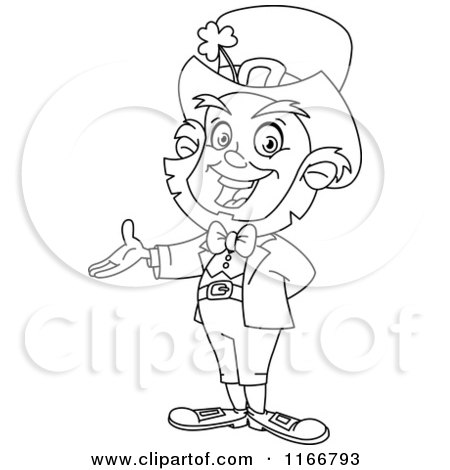 Cartoon of an Outlined Presenting Leprechaun - Royalty Free Vector Clipart by yayayoyo