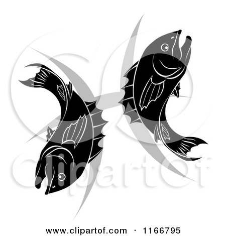 Clipart of a Black and White Pisces Zodiac Astrology Fish and Symbol - Royalty Free Vector Illustration by AtStockIllustration