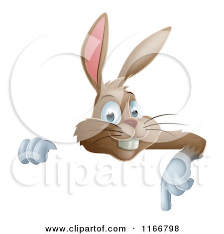 Cartoon of a Happy Brown Bunny over a Sign, Pointing down - Royalty Free Vector Clipart by AtStockIllustration