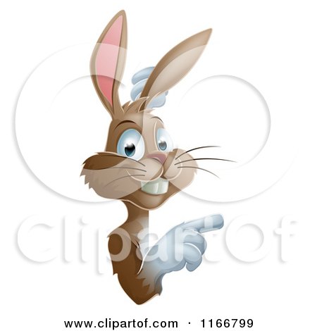 Cartoon of a Happy Brown Bunny Pointing to a Sign - Royalty Free Vector Clipart by AtStockIllustration