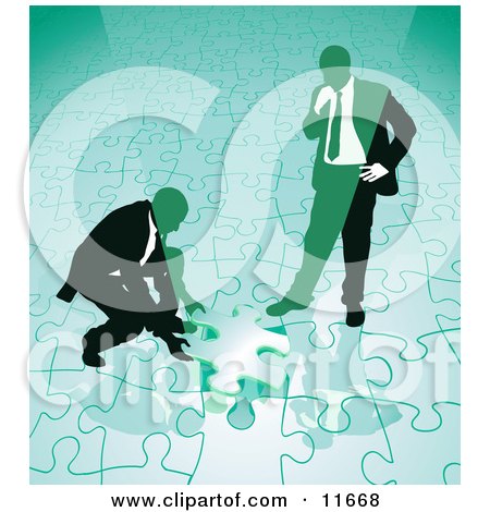 Two Businessmen Completing a Green Jigsaw Puzzle Together Clipart Illustration by AtStockIllustration