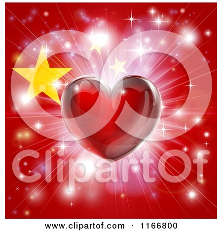 Clipart of a Shiny Red Heart and Fireworks over a Chinese Flag - Royalty Free Vector Illustration by AtStockIllustration