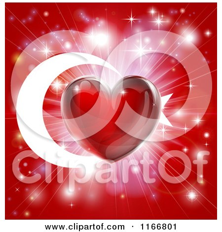 Clipart of a Shiny Red Heart and Fireworks over a Turkey Flag - Royalty Free Vector Illustration by AtStockIllustration