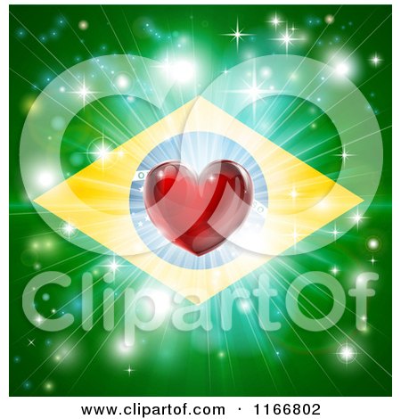 Clipart of a Shiny Red Heart and Fireworks over a Brazil Flag - Royalty Free Vector Illustration by AtStockIllustration