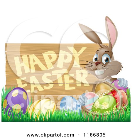 Cartoon of a Brown Bunny with a Basket and Easter Eggs in Grass, by a Happy Easter Sign - Royalty Free Vector Clipart by AtStockIllustration