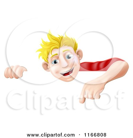 Cartoon of a Happy Blond Man Pointing down at a Sign - Royalty Free Vector Clipart by AtStockIllustration