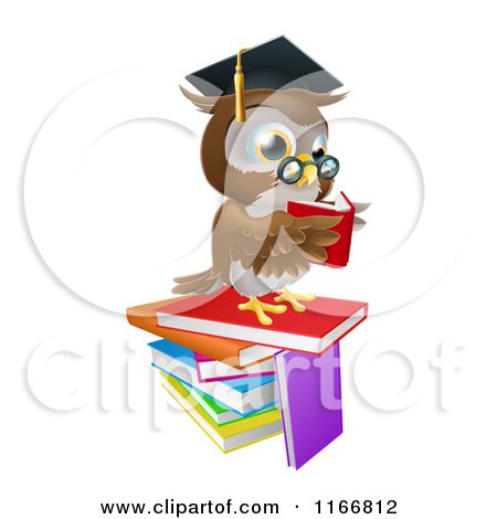 Cartoon of a Professor Owl Reading on a Stack of Books - Royalty Free Vector Clipart by AtStockIllustration