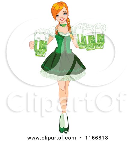 Cartoon of a St Patricks Day Bar Maiden Woman with Green Beer - Royalty Free Vector Clipart by Pushkin