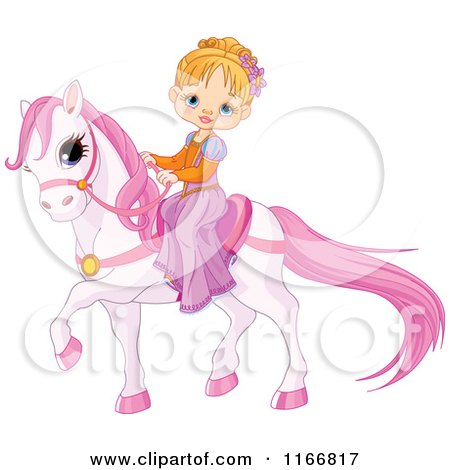 Cartoon of a Fairy Tale Princess Girl on a Pink Pony - Royalty Free Vector Clipart by Pushkin