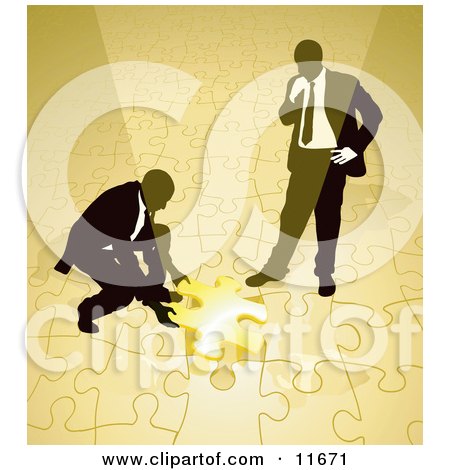 Two Businessmen Completing a Yellow Jigsaw Puzzle Together Clipart Illustration by AtStockIllustration