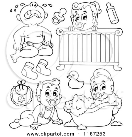 Cartoon of Outlined Babies and Items - Royalty Free Vector Clipart by visekart