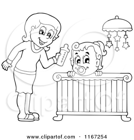 Cartoon of an Outlined Mother Giving Her Daughter a Bottle in a Nursery - Royalty Free Vector Clipart by visekart