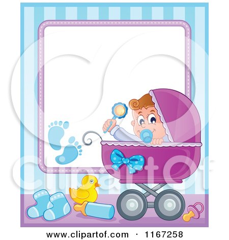 Cartoon of a Baby Boy in a Carriage Border with Copyspace - Royalty Free Vector Clipart by visekart