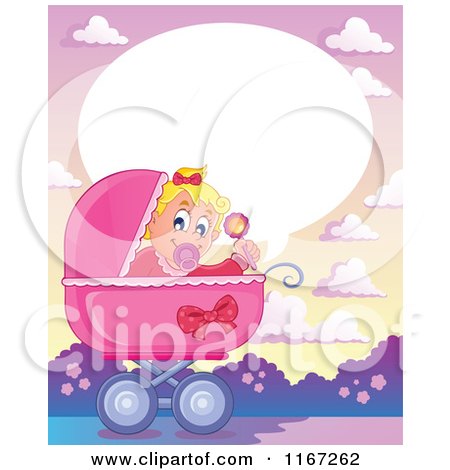 Cartoon of a Talking Baby Girl Waving a Rattle in a Pink Pram - Royalty Free Vector Clipart by visekart