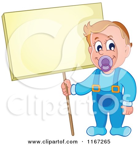 Cartoon of a Baby Boy Standing with a Sign - Royalty Free Vector Clipart by visekart